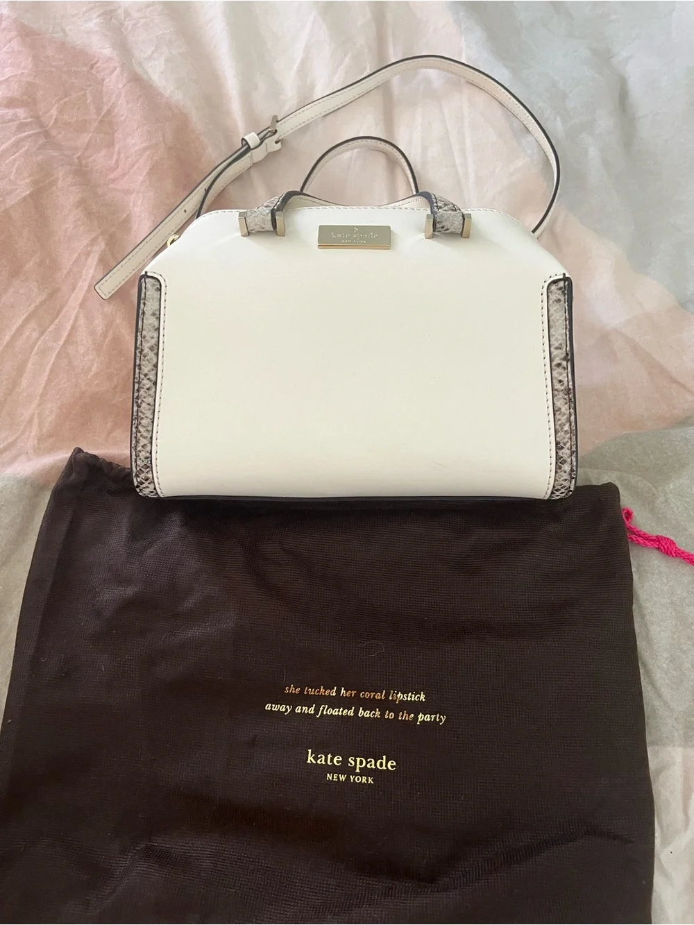 kate spade Cream Satchel with Snake-Print Handles and Gold Plaque
